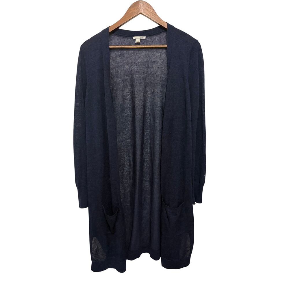 Halogen Womens M Navy Blue Linen Blend Longline Open Front Cardigan Pockets